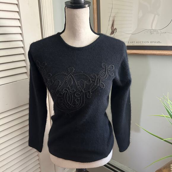 Vintage ELLEN TRACY Sweater Womens P *XS/S Black Angora Wool Blend Beaded Retro - Picture 1 of 9